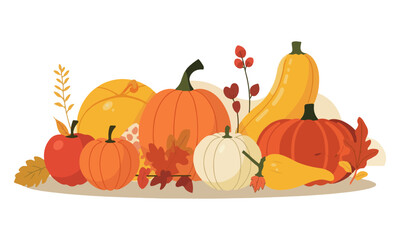 Vector design of Autumn-themed still life illustration of seasonal food items, such as apples, pumpkins, and squash, arranged in a simple composition