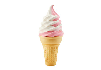 Delicious strawberry and vanilla soft serve ice cream cone isolated, sweet dessert treat on no background PNG