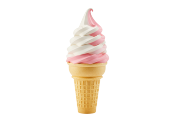 Delicious strawberry and vanilla soft serve ice cream cone isolated, sweet dessert treat on no background PNG