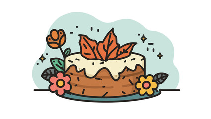 October cake and flower illustration in a simple cartoon style with flat design elements, featuring a round cake with creamy white frosting and orange autumn leaves