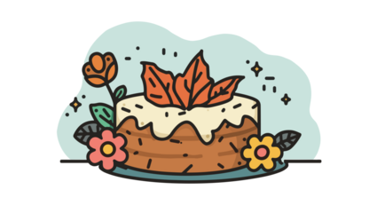 October cake and flower illustration in a simple cartoon style with flat design elements, featuring a round cake with creamy white frosting and orange autumn leaves