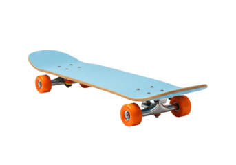 Light blue skateboard with orange wheels isolated on white, sports equipment for recreation and transportation