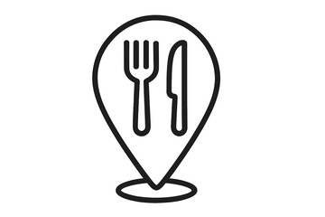 Restaurant location pin. Food map pointer icon. GPS marker with fork and knife. Navigation sign for a cafe, diner, or eatery. Linear vector symbol for finding a place to eat.