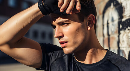 Sweaty athlete wipes brow after intense outdoor workout session.