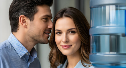 Office Gossip Man Whispering Secret to Woman by Water Cooler.