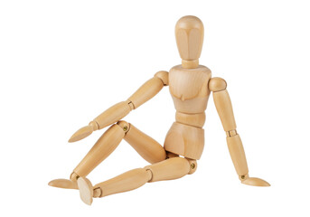 Wooden mannequin isolated on transparent background, anatomical model for artists and drawing reference, flexible poseable figure