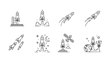 Collection of artistic hand-drawn rocket ship launch sequences and spacecraft designs vector © Marzina Begum