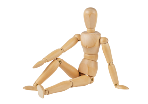 Wooden mannequin isolated on transparent background, anatomical model for artists and drawing reference, flexible poseable figure