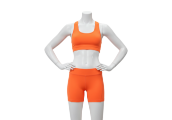 Orange sports bra and shorts on a mannequin isolated on white, activewear fashion for fitness and workout PNG