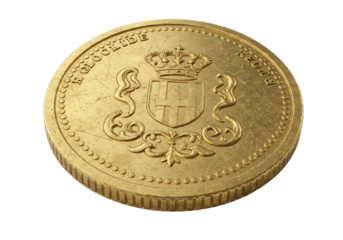 Gold coin with coat of arms isolated on transparent background, numismatic object for collection and investment purposes