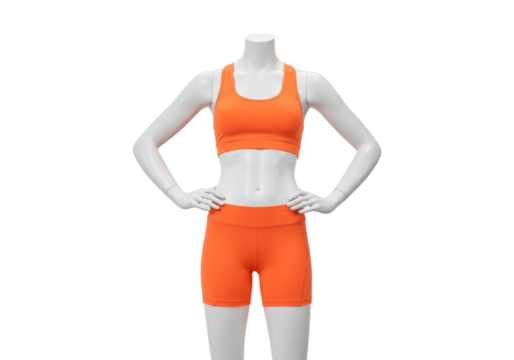 Orange sports bra and shorts on a mannequin isolated on white, activewear fashion for fitness and workout PNG - Powered by Adobe