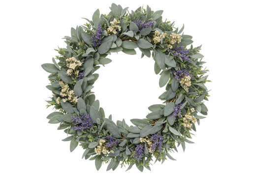 Elegant floral wreath PNG isolated, with sage leaves, lavender and cream flowers for wedding invitations and spring decor