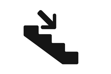 Obraz premium Downstairs icon silhouette, black staircase vector, downward arrow symbol, step navigation symbol, minimalist cartoon illustration with transparent background, directional graphic