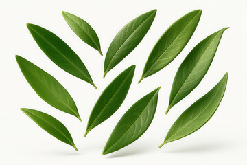 Naklejka premium Fresh green olive leaves artistically arranged on a white background.