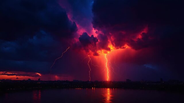 Fiery Lightning Storm Over Water.