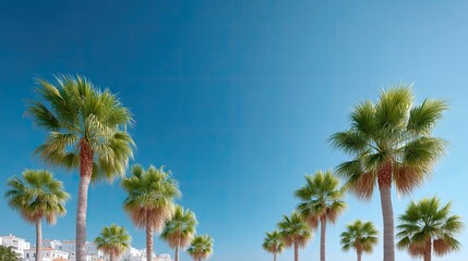 Symmetrical Row Of Palm Trees Against A Vibrant Blue Sky