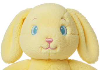 Soft yellow plush bunny toy isolated, cute stuffed animal for kids on transparent background, Easter gift, cuddly rabbit