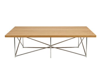 Rectangular wooden coffee table with metal legs isolated on transparent background, modern furniture for living room and interior design