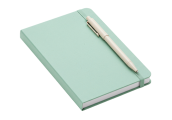 Mint green notebook with pen isolated on white, blank journal for writing and planning in office or school PNG