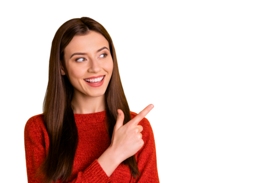 Photo of white cheerful cute nice fascinating promoter smiling toothily pointing at empty space for you to fulfill isolated over yellow vivid color background