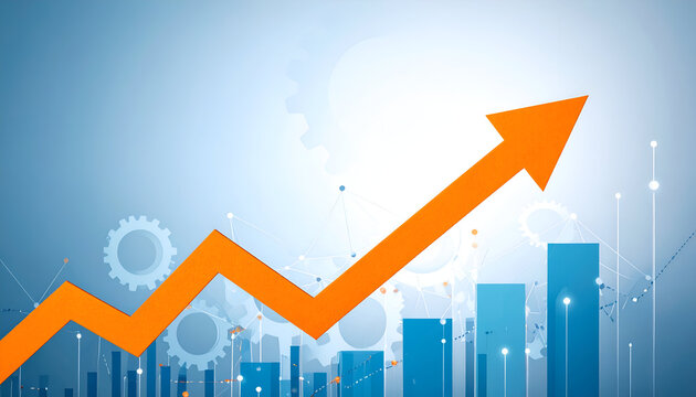 Business growth concept with rising arrow and gear icons showing teamwork and process efficiency.