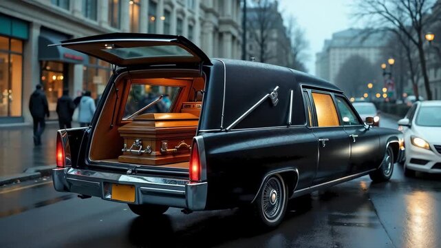 Vintage Hearse on City Street with Coffin Visible for Funeral Services, Memorial Events, and Grief Support in Urban Background