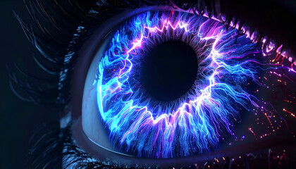 Futuristic close-up of a glowing digital eye with vibrant neural light patterns, symbolizing AI vision and cyber intelligence.