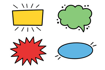 Set of colorful cartoon speech bubbles. Hand-drawn comic style pop art callouts. Blank vector text box, message balloon, and starburst explosion for stickers and labels.