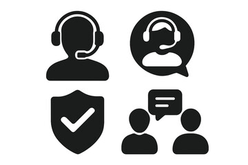 Customer support silhouette icons with headset, communication symbols, verified shield emblem, chat conversation, vector cartoon illustration, transparent background, help desk service set