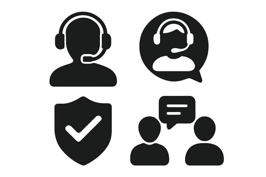 Customer support silhouette icons with headset, communication symbols, verified shield emblem, chat conversation, vector cartoon illustration, transparent background, help desk service set