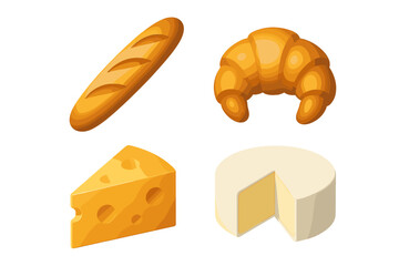 French bakery and dairy products assortment with baguette, croissant, Swiss cheese, and Brie cheese