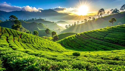 Fototapeta premium Golden sunrise over a peaceful green tea plantation in the misty mountains
