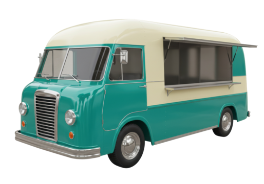 Vintage turquoise food truck isolated, classic delivery vehicle on transparent background for catering business and street food service