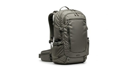 Naklejka premium Gray Travel Backpack with Multiple Compartments and Padded Straps on White Background