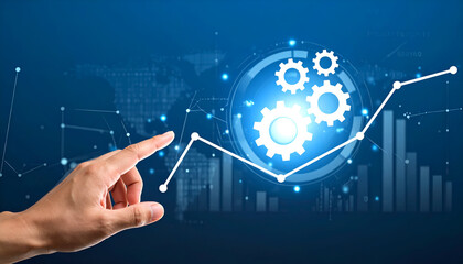 Futuristic interface with glowing gears and upward line showing progress and growth.