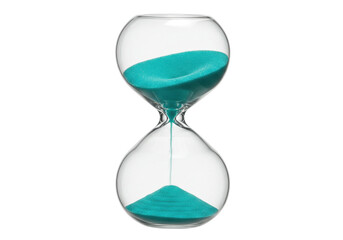 Hourglass with turquoise sand isolated on transparent background, time measurement tool for deadlines and countdowns PNG