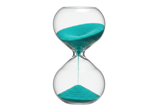 Hourglass with turquoise sand isolated on transparent background, time measurement tool for deadlines and countdowns PNG