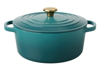Teal enameled cast iron dutch oven with gold knob isolated on transparent background, cooking pot for soups and stews