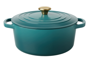 Teal enameled cast iron dutch oven with gold knob isolated on transparent background, cooking pot for soups and stews