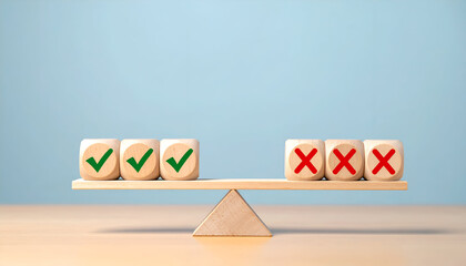 Wooden balance with check and cross icons, representing pros and cons, analysis, and choice concept.