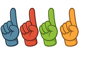 Number 1 fan foam finger vector collection. Colorful hand gloves for sports supporters. Pointing up gesture for victory, championship, and success. First place winner concept.