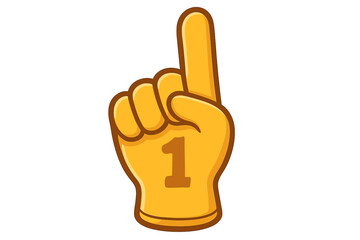 Number 1 fan foam finger. Sport supporter hand glove with finger up. We are the first. Best team support symbol. Winner, champion and victory concept. Vector illustration.