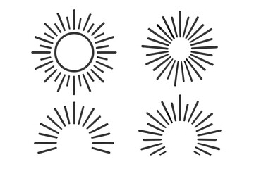 Set of flat style vector sun rays icons on white background, cartoon illustration with transparent background, collection of radiant sunburst designs, decorative elements for graphic projects