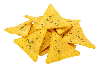 Fototapeta premium Pile of seasoned yellow corn tortilla chips isolated on transparent background, crunchy snack for parties and appetizers