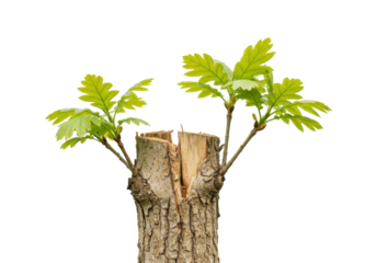 Oak tree stump with new growth isolated on transparent PNG, symbol of resilience and hope for nature conservation projects
