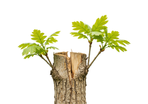 Oak tree stump with new growth isolated on transparent PNG, symbol of resilience and hope for nature conservation projects