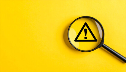 Magnifying glass focusing on warning sign with exclamation mark on yellow background, symbolizing caution, alert, and risk management concept.