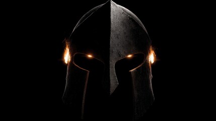Spartan helmet with fiery eyes against black background for design