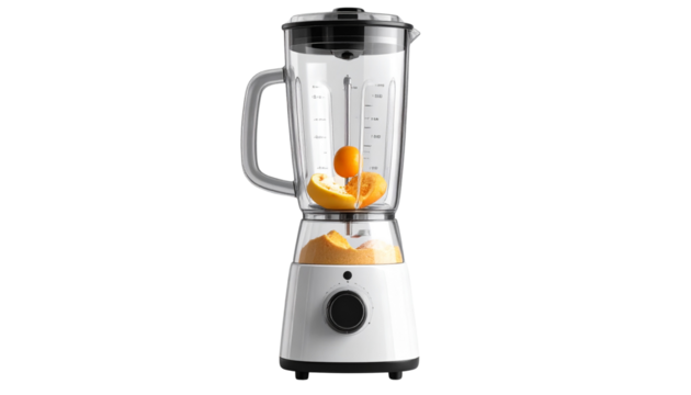 A realistic PNG of a kitchen blender with clear glass jar and sturdy base. Ideal for cooking graphics, recipe designs, kitchen product ads, and food preparation themes.
