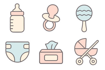 Collection of essential items for newborn baby care including feeding bottle pacifier diaper wipes and stroller